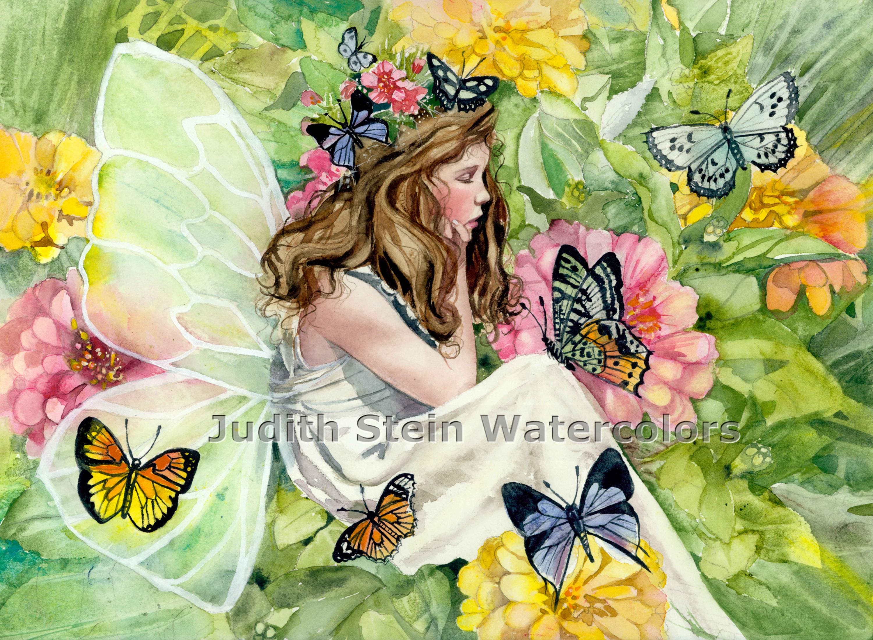 Fairy Princess in White, Butterfly, Pink, Yellow Flowers, Fantasy