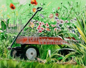 Flower Garden, Vinca, Poppies, Red Wagon, Pink, Red, Green, Watercolor Painting Print, Wall Art, Home Decor, "Radio Flyer" by Judith Stein