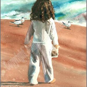 Girl in White Shirt & Jeans Feeding Seagulls on Beach, Seashore,  Children Watercolor Painting Print, Wall Art, Home Decor, "Just in Case"