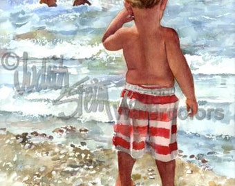 Beach Boy Watching Big Brothers & Sisters Swim in Lake, Ocean, Children Watercolor Painting Print, Wall Art, Home Decor, "Wishful Watcher"