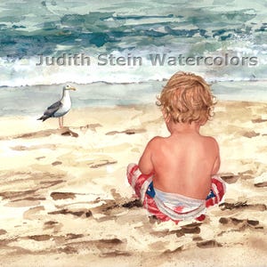 Toddler Boy on Beach Sand Watching Seagull, Red, White, Blue Swim Suit, Children Watercolor Painting Print, Wall Art, Home Decor, &quot;Bird Boy&quot;