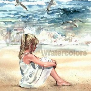 Blond Beach Girl in White Sun Dress Watching Seagulls, Sea Waves, Seashore, Watercolor Painting Print, Wall Art, Home Decor, "Beach Breeze"