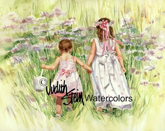 Flower Girls, Sisters, Friends in White, Mauve Flowers, Bridal Party, Watercolor Painting Print, Wall Art, Home Decor, "Down to the Meadow"