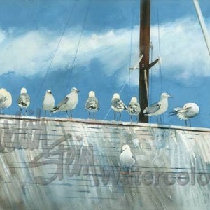 Lake Michigan Seagulls on Harbor Roof, Lunch Time, Door County Wisconsin, Watercolor Painting Print, Wall Art, Home Decor, "Bird's Eye View"
