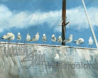 Lake Michigan Seagulls on Harbor Roof, Lunch Time, Door County Wisconsin, Watercolor Painting Print, Wall Art, Home Decor, "Bird's Eye View"