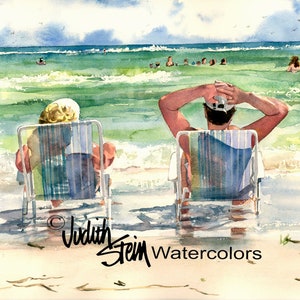 Man & Woman Seashore Sunning, Beach Chairs, Watching Children, Seagulls Watercolor Painting Print, Wall Art, Home Decor, "Seaside Loungers"