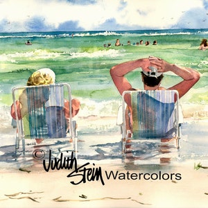 Man & Woman Seashore Sunning, Beach Chairs, Watching Children, Seagulls Watercolor Painting Print, Wall Art, Home Decor, &quot;Seaside Loungers&quot;