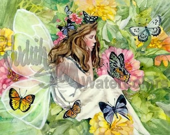 Fairy Princess in White, Butterfly, Pink, Yellow Flowers, Fantasy Children Watercolor Painting Print, Wall Art, Home Decor, "Fairy Thoughts"