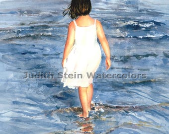 Beach Girl in White Dress & Bow on Seashore, Water Reflections, Children Watercolor Painting Print, Wall Art, Home Decor, &quot;Ready to Wade&quot;