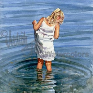 Blond Girl in Sun Dress, Water Reflection, Ripples, Wading on Beach, Seashore, Watercolor Painting Print, Wall Art, Home Decor, "Dabbling"