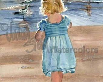 Blond Beach Girl Toddler Play With Seagulls, Blue Dress, Blue Ocean Children Watercolor Painting Print, Wall Art, Home Decor, "Sandy Stroll"