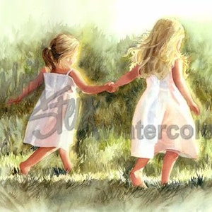 Girl Friends Sisters Children, Run in Green Grass, Meadow, White Dress, Watercolor Painting Print, Wall Art, Home Decor, "Free as a Bird"