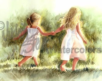 Girl Friends Sisters Children, Run in Green Grass, Meadow, White Dress, Watercolor Painting Print, Wall Art, Home Decor, "Free as a Bird"