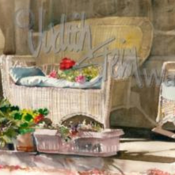 Wicker Patio Flower Garden, Red & Pink Geranium Pots, White Cane Sofa, Chair, Watercolor Painting Print, Wall Art, Home Decor, "Wicker Ways"