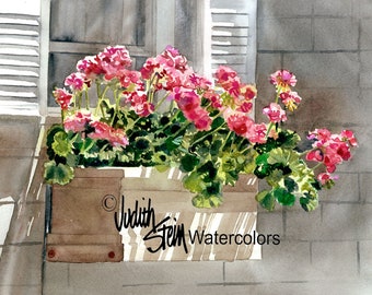 Pink Geranium Flowers & Ivy in White Window Box / White Shutters, Watercolor Painting Print, Wall Art, Home Decor, "Boxed In" Judith Stein