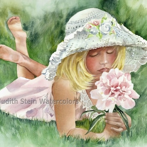 Girl in White Hat & Pink Dress in Meadow Smelling Peony Flower Children Watercolor Painting Print, Wall Art, Home Decor, &quot;Peek a Boo Peony&quot;