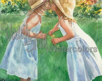 Girl Friends, Sisters Blowing Bubbles, Straw Hats & White Dresses, Children Watercolor Painting Print, Wall Art, Home Decor, "Sister Kisses"