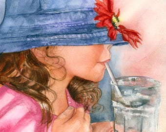 Girl Drinking Soda Pop with Straw, Red Flower, Children, Watercolor Painting Print, Wall Art, Home Decor, "Blue Hat Girl" by Judith Stein