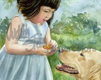 Chinese Girl in Blue Dress, Feeding Golden Retriever Dog Carrots, Children Watercolor Painting Print, Wall Art, Home Decor, "Just a Nibble"
