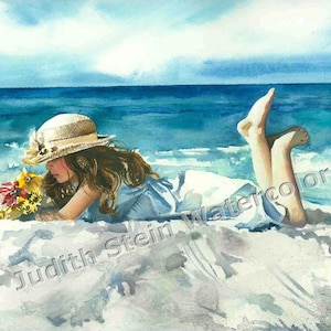 Girl in Straw Hat Lounging on Beach, White Dress, Seashore, Children Watercolor Painting Print, Wall Art, Home Decor, "Lazy Days of Summer""