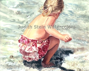 Blond Beach Comber Girl on Seashore, Pink Romper Dress, Seashore, Children Watercolor Painting Print, Wall Art, Home Decor, "Sea Freedom"