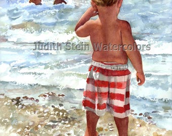 Beach Boy Watching Big Brothers & Sisters Swim in Lake, Ocean, Children Watercolor Painting Print, Wall Art, Home Decor, "Wishful Watcher"