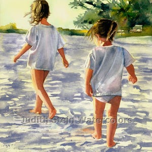 Sisters, Friends, Girls Hike Beach, Seashore, White Shirt, Shorts, Children Watercolor Painting Print, Wall Art, Home Decor, &quot;Morning March&quot;
