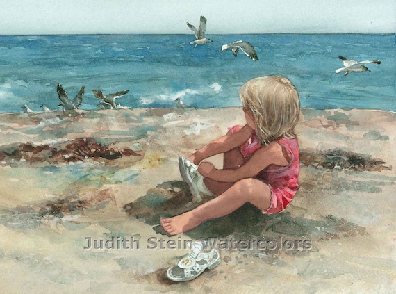Beach Girl in Pink Jumper, White Sandals, Seagulls, Seashells, Seashore Children Watercolor Painting Print, Wall Art, Home Decor, "Fancy"