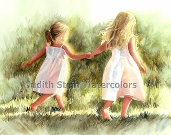 May include: Two young girls in white dresses walk hand-in-hand through a field of green grass. The sun shines brightly on their hair and dresses, creating a warm and joyful atmosphere.