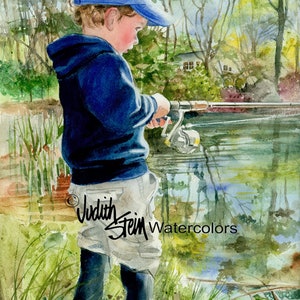 Boy Fishing, Bait, Angler, Fish Pole, Tackle, Lake, Family Vacation, Children Watercolor Painting Print, Wall Art, Home Decor, "Fisher Boy"