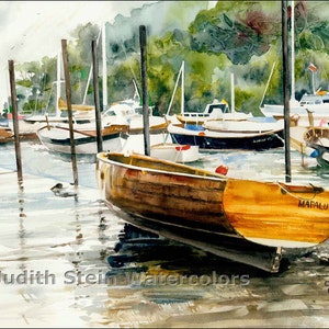 Portofino Harbour Boats Seascape, Brown, Green Watercolor Painting Print, Wall Art, Home Decor, "Harbour Boats"