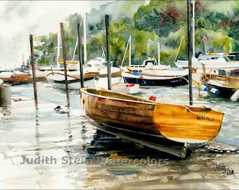 Portofino Harbour Boats Seascape, Brown, Green Watercolor Painting Print, Wall Art, Home Decor, "Harbour Boats"