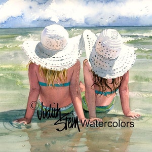 Girl Friends, Sisters, Beach, Blue Bathing Suits, White Hats, Children Watercolor Painting Print, Wall Art, Home Decor, "Seaside Sisters"