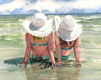 Girl Friends, Sisters, Beach, Blue Bathing Suits, White Hats, Children Watercolor Painting Print, Wall Art, Home Decor, "Seaside Sisters"