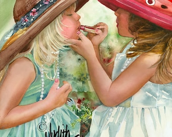 Girl Friends, Sisters Play Dress Up, Make Up, Lipstick, White Dress, Big Hats, Children Painting Print, Wall Art, Home Decor, "Glam Girls"