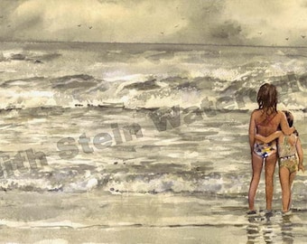 Sisters, Friends, Crescent Beach Florida, Vacation, Seashore Children Watercolor Painting Print, Wall Art, Home Decor, &quot;Summer Sisters&quot;