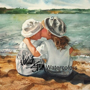 Beach Boy & Girl, Brother, Sister, Friends Kissing, Lake, Seashore, Children Watercolor Painting Print, Wall Art, Home Decor, &quot;Beach Kisses&quot;