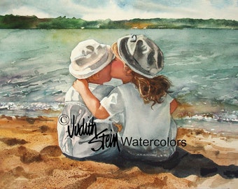 Beach Boy & Girl, Brother, Sister, Friends Kissing, Lake, Seashore, Children Watercolor Painting Print, Wall Art, Home Decor, "Beach Kisses"