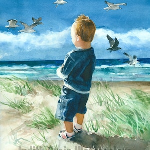Toddler Boy, Beach, Seashore, Seagulls, Blue Shirt, Shorts, Children Watercolor Painting Print, Wall Art, Home Decor, "Watching the Sunset"