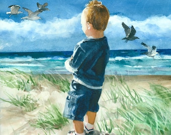 Toddler Boy, Beach, Seashore, Seagulls, Blue Shirt, Shorts, Children Watercolor Painting Print, Wall Art, Home Decor, "Watching the Sunset"