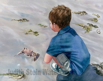 Boy Hunting Crab, Seashells, Blue, Beige, Beach Comber Children Seascape, Watercolor Painting Print, Wall Art, Home Decor, "Crabby Appleton"