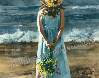 Beach Girl in Blue Dress & Straw Hat, Flower Bouquet, Children Watercolor Painting Print, Wall Art, Home Decor, "Beauty Before the Storm"