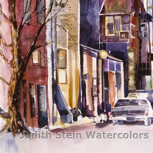 May include: A watercolor painting of a city street scene with a red brick building, a tree, and a white car. The street sign reads "Speed Limit 20".