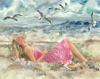 Blond Girl Teen in Pink Sun Dress, Beach, Seashore, Watercolor Painting Print, Wall Art, Home Decor, "Beach Retreat"