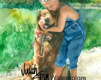 Boy & Golden Retriever Kiss Goodbye, Blue Bib Overalls, Pet Dog, Children Watercolor Painting Print, Wall Art, Home Decor, "Goodbye Kisses"