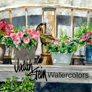 Patio Garden, Vintage Head Board, Pump, Pink, Red Flowers, Original OOAK Watercolor Painting Picture, Wall Art, Home Decor, &quot;Bed of Flowers&quot;