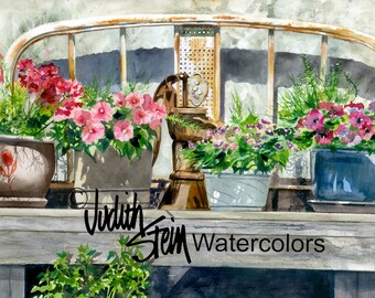 Patio Garden, Vintage Head Board, Pump, Pink, Red Flowers, Original OOAK Watercolor Painting Picture, Wall Art, Home Decor, "Bed of Flowers"