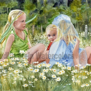 Fairy Sisters, Friends in Field of White Daisies at Play, Woods, Children Watercolor Painting Print, Wall Art, Home Decor, "Fairy Chatter"