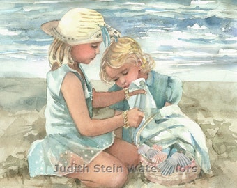 Sisters, Friends, Girls on Beach, Seashore, Children Watercolor Painting Print, Wall Art, Home Decor, "Beach Blanket Party"