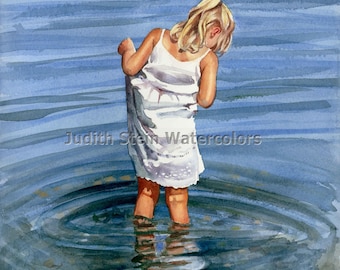 Blond Girl in Sun Dress, Water Reflection, Ripples, Wading on Beach, Seashore, Watercolor Painting Print, Wall Art, Home Decor, &quot;Dabbling&quot;